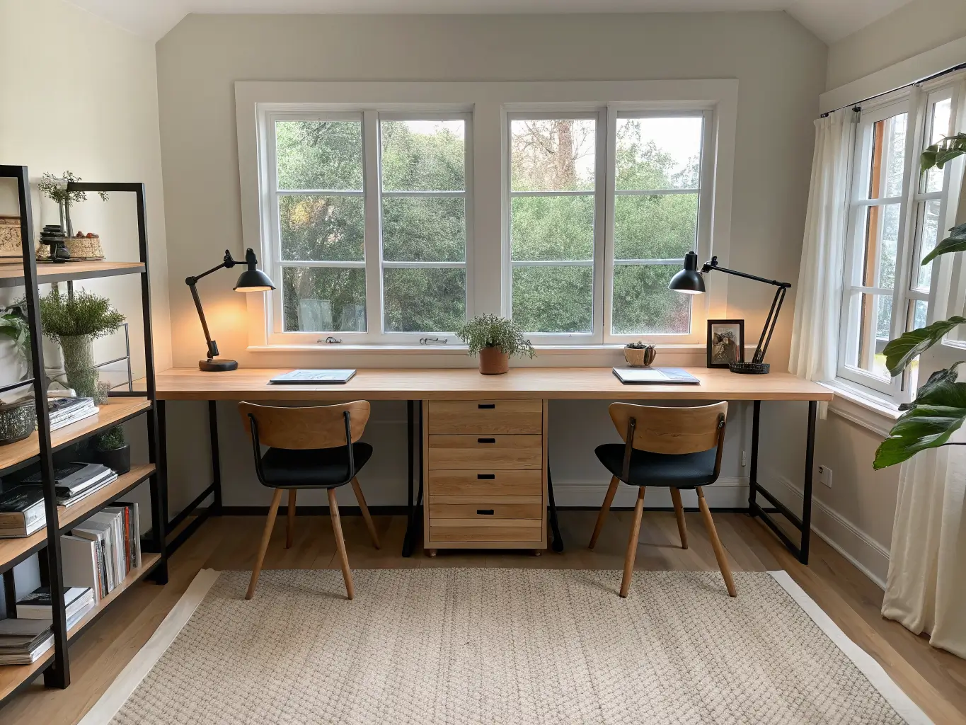 Photorealistic shared study room with twin pale oak desks by a large window, divided by a slim shelf, matching task chairs, black clamp lamps, a jute runner rug, and small potted plants in soft afternoon light.