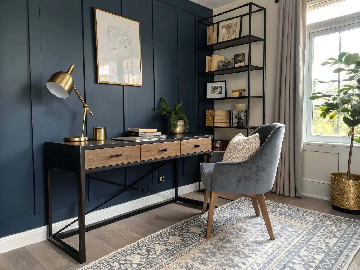 Modern cozy home office with navy accent wall, black-and-oak desk, brass lamp, charcoal wool rug, oak bookshelf with trailing plant, and navy velvet chair in warm side light.