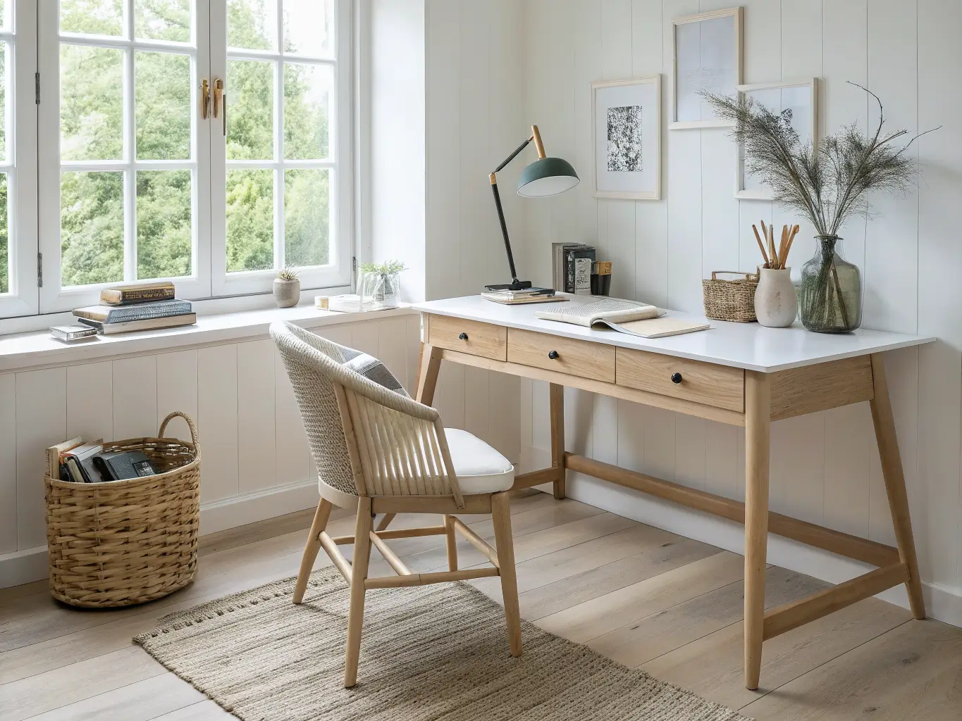 Symmetrical, sunlit Scandinavian home office corner with a minimal white oak desk, pale wood chair, wool rug, woven basket, and sparse decor including pampas grass, books, and a brass lamp.