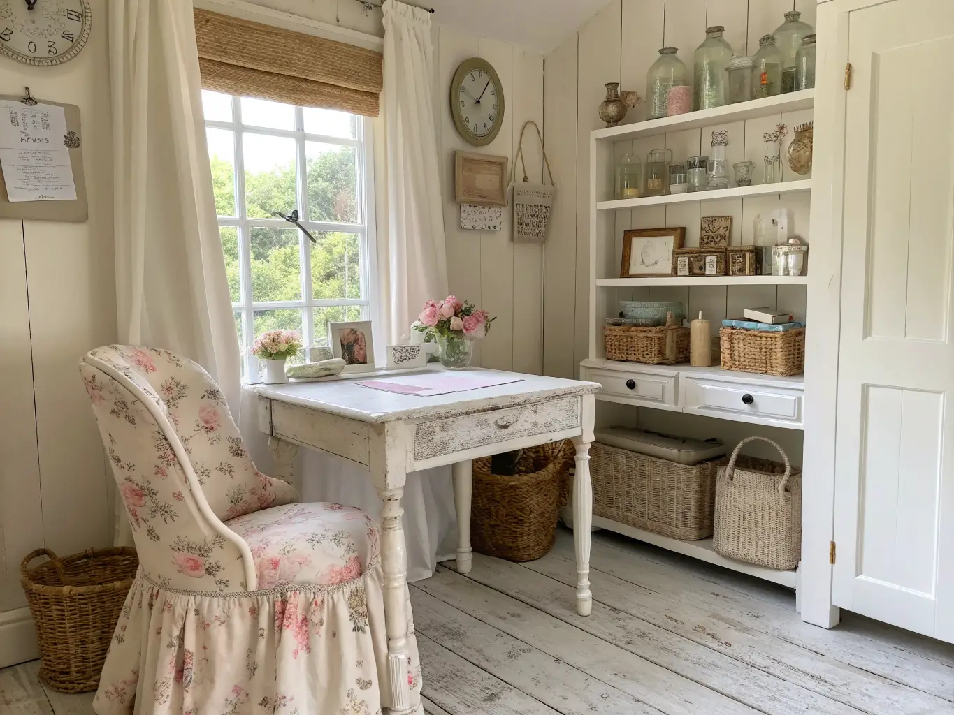 Wide-angle photorealistic shabby chic craft room with a distressed white farmhouse table, blush floral chair, and whitewashed shelves of jars and baskets in soft mid-morning window light.