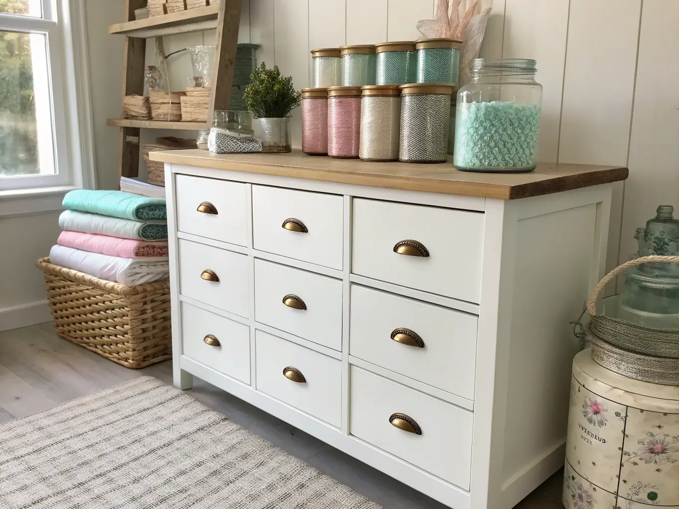 Photorealistic craft room scene of a white 9-drawer storage unit with brass knobs beside a distressed farmhouse table, drawers ajar showing blush and mint fabrics, with ribbon spools and vintage buttons on top in soft afternoon light.