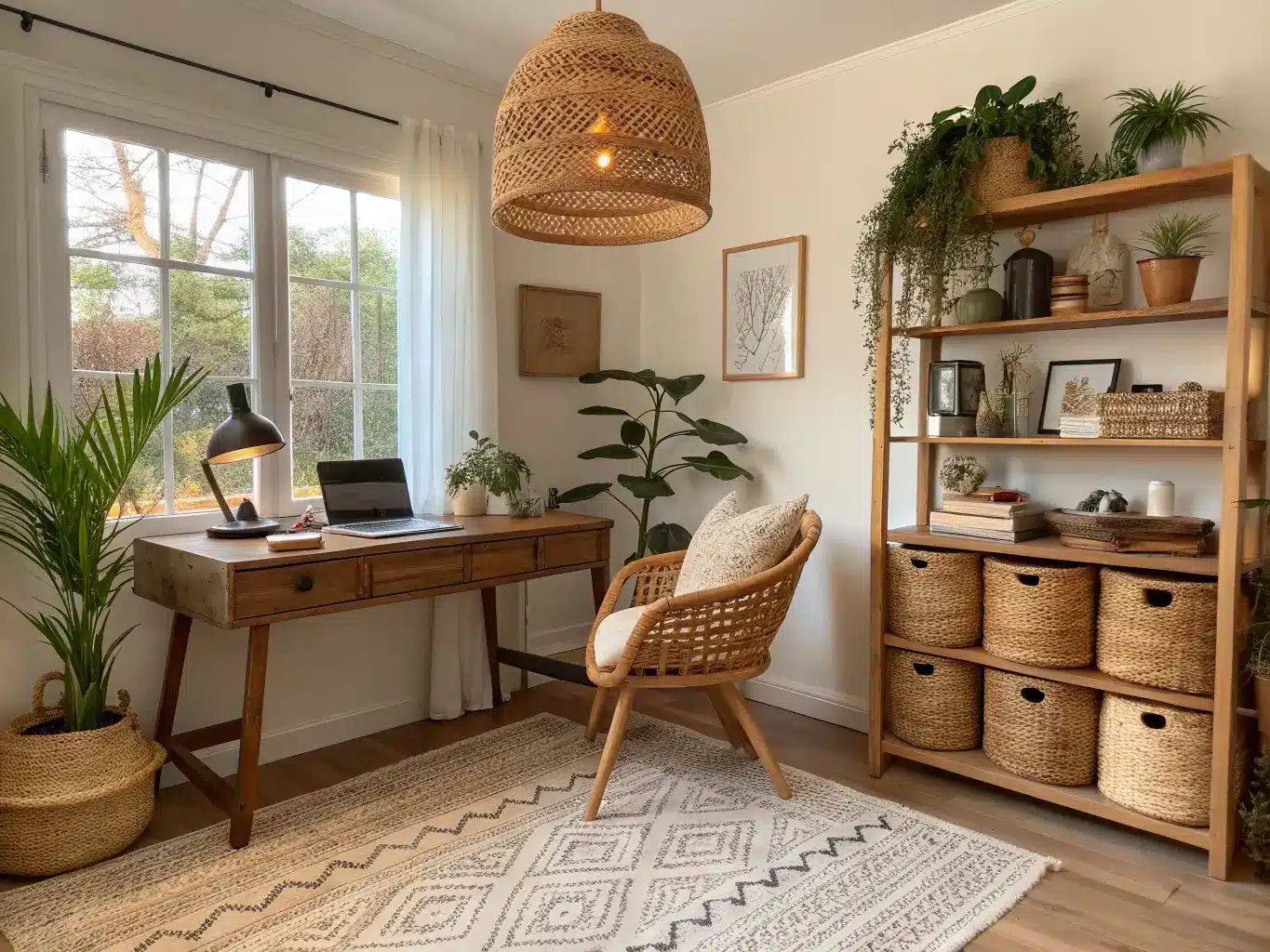 Cozy boho home office corner with live-edge wood desk, rattan chair, layered jute and wool rugs, terracotta accent wall, plants on open shelves, and warm late-afternoon dappled light.