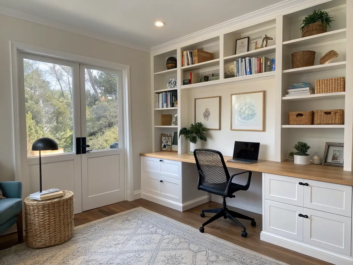 Bright home office with matte white built-in storage wall and open shelves, warm oak sit-stand desk, black mesh chair, blue accent chair, and ivory wool rug.