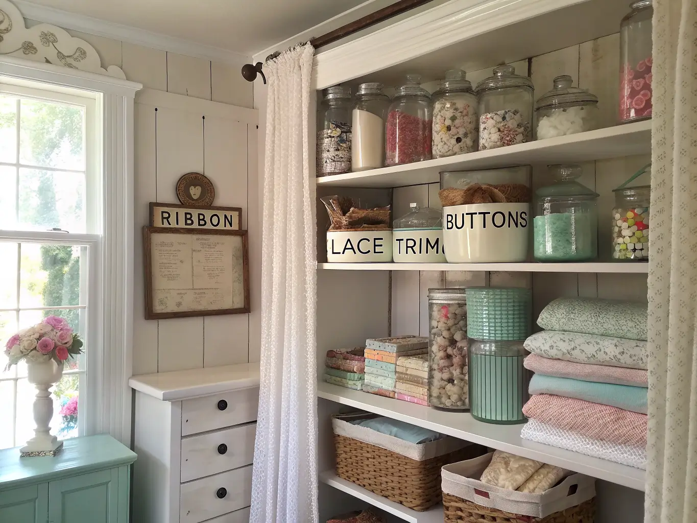 Photorealistic shabby chic craft room shelving with weathered white shelves holding labeled jars of ribbons and buttons, pastel fabric bolts, vintage frames, a swatch mood board, and woven baskets in warm afternoon light.