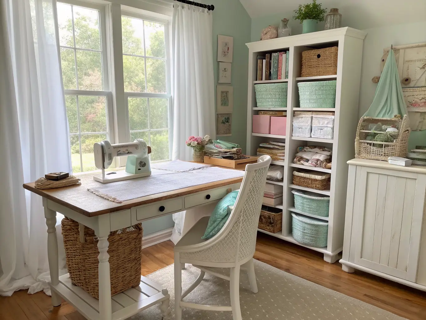 Shabby chic craft room with distressed farmhouse table by a window, sewing machine, blush and mint fabric scraps, wicker thread basket, and a whitewashed bookcase in soft morning light.