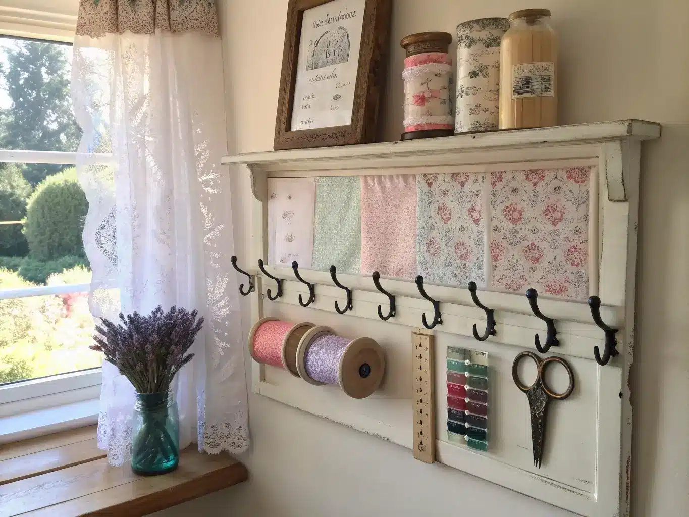 Shabby chic craft room wall pinboard with fabric swatches and pattern clippings above black iron hooks holding scissors, ribbon spools, and a wooden ruler, softly lit by warm afternoon light.