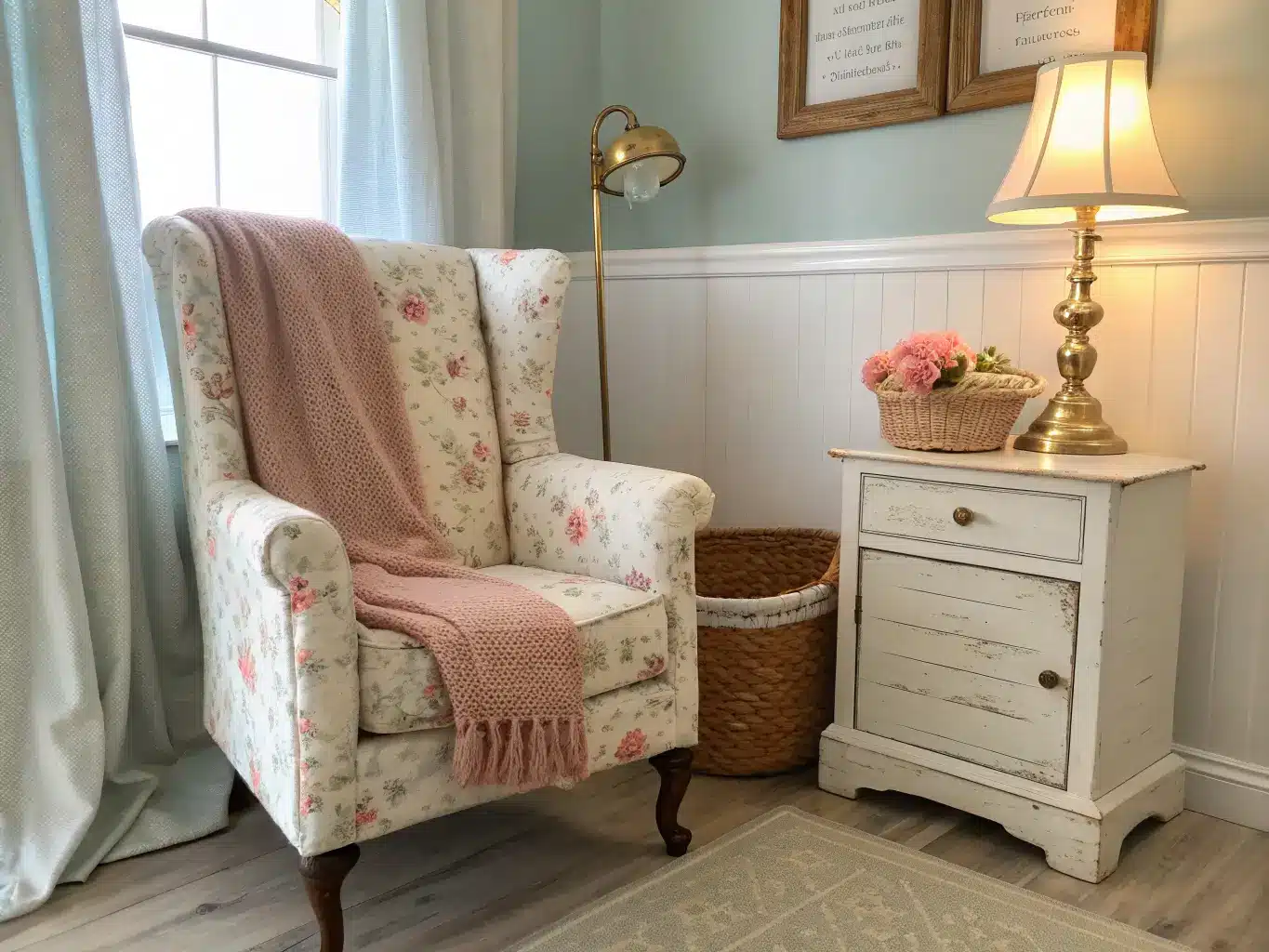 Shabby chic craft room corner with a blush floral vintage armchair, whitewashed side table and brass lamp, yarn basket on distressed wood floor, soft daylight through gauzy curtain.