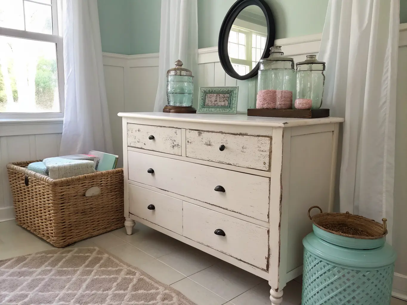 Distressed white dresser repurposed as craft storage in a shabby chic room, styled with glass jars, a vintage black-framed mirror, linen boxes, and a woven basket in soft natural light.