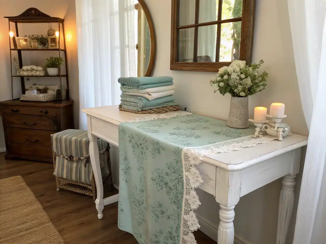 Shabby chic craft room textile corner with muted aqua toile table runner on distressed white table, folded linens and lace cushion on shelf, warm evening light and dark wood mirror.