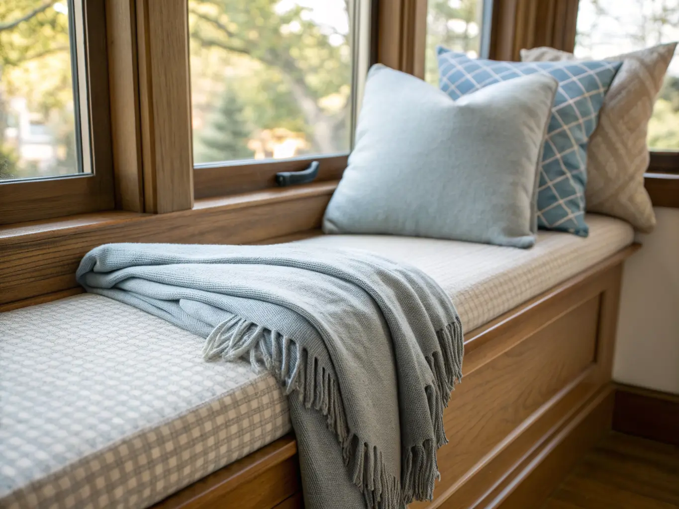 Close-up of a bay window cushion corner showing 4–5 inch high-density foam under dove-gray linen with piping, lit by soft midday window light beside blue and oatmeal pillows on a honey oak ledge.
