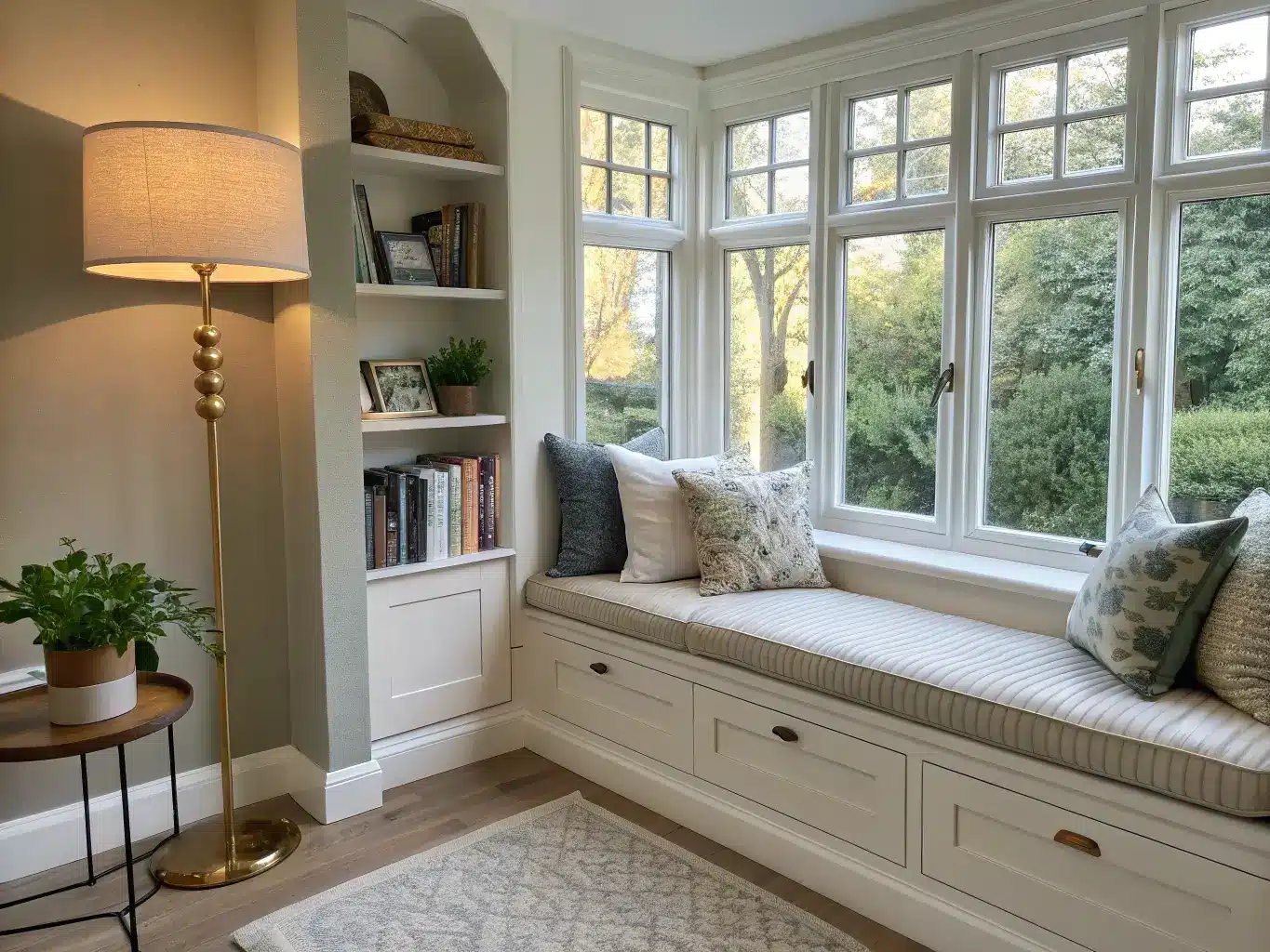 Late-afternoon photo of a sage-green home office bay window nook with cream bouclé banquette, floating oak shelf of books and olive plant, brass floor lamp glowing, dove-gray Roman shade, and mixed pillows.