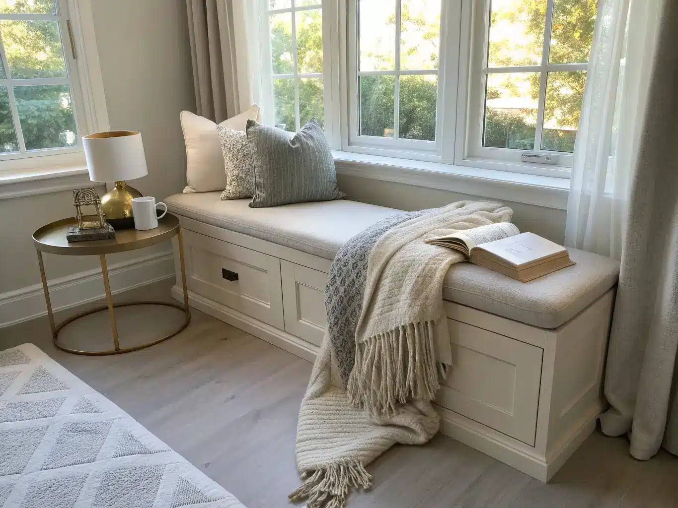 Early morning bay window nook with oatmeal linen storage bench, sage cushion, gray pillows, knit throw, brass side table with mug and book, sheer curtains and oak floor.