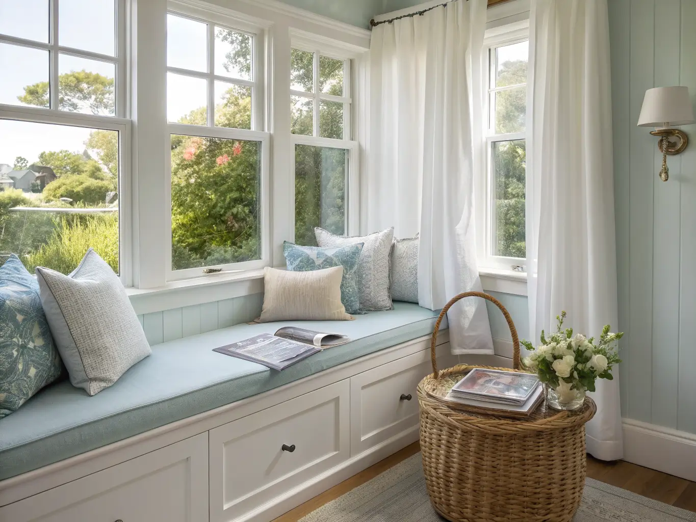 Coastal-transitional breakfast nook with bay window, pale blue cushioned bench, seagrass basket, oak side table with water and magazine, sheer curtains, and brass sconce in bright midday sun.