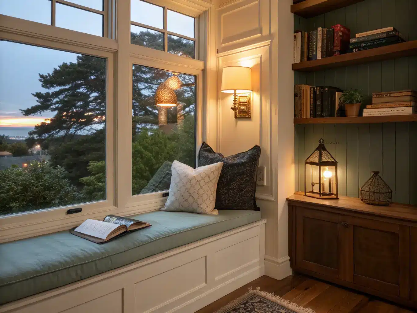 Cozy bay window reading nook at dusk with warm brass sconce light, cream bench cushion, charcoal pillow, sage Roman shade, and walnut shelf with books against blue evening window light.