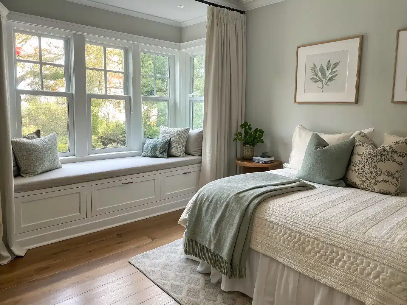 Wide doorway view of a tranquil bedroom with a bay-window reading nook, neutral linens, botanical print, oak floors, and sheer curtains in bright natural daylight.