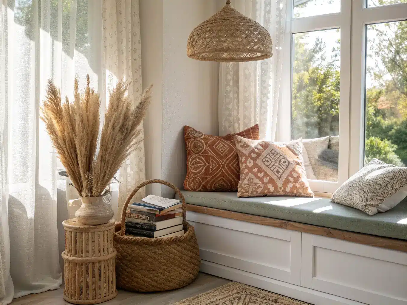 Boho bay window nook with sage-cushioned bench, jute basket, layered terracotta and oatmeal pillows, wood side table with books and pampas grass in warm afternoon light