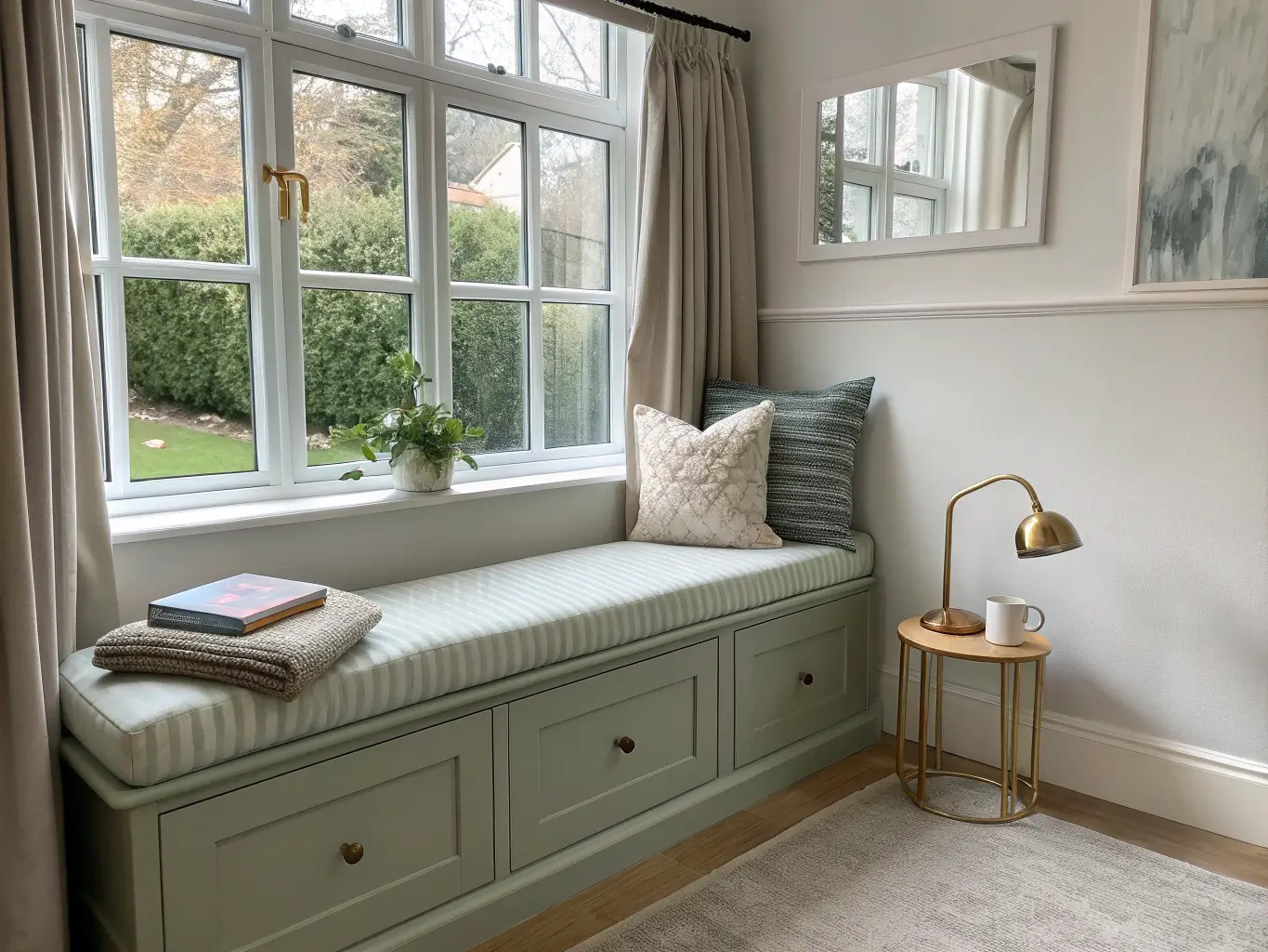 Straight-on photo of a sage green cottage bay window bench with cream cushion, striped and oatmeal pillows, brass clipped lamp, oak stool with teacup, and sheer curtains in soft daylight.