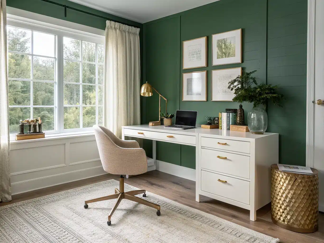 Photorealistic contemporary home office with bottle-green accent wall, white-ash desk, oatmeal linen chair, brass task lamp, cream rug, and sunlight through sheer curtains.