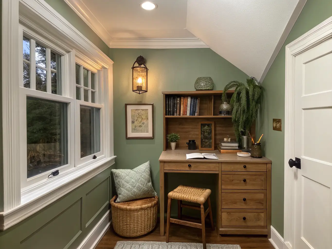 Cozy closet-corner reading nook with sage-green walls, brass sconce, compact birch desk with books and snake plant, cane-front cabinet, and olive cushion on a wooden stool at dusk.