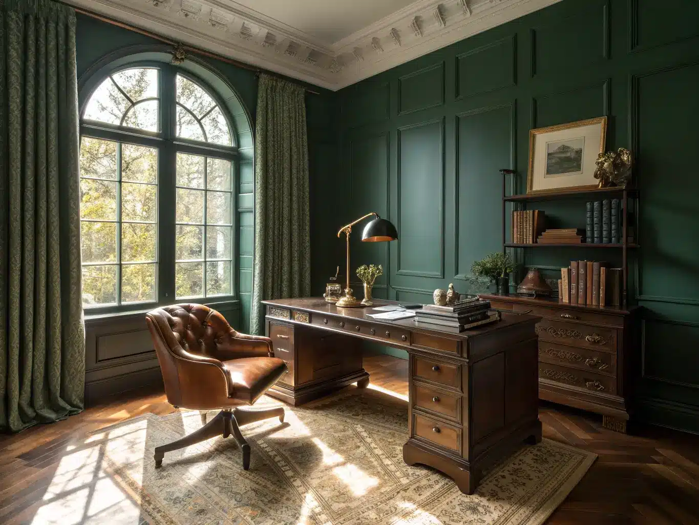 Traditional study with forest-green walls, walnut desk under arched window, brass lamp lighting leather accessories and books, cognac tufted chair on herringbone rug in warm late-afternoon sun.