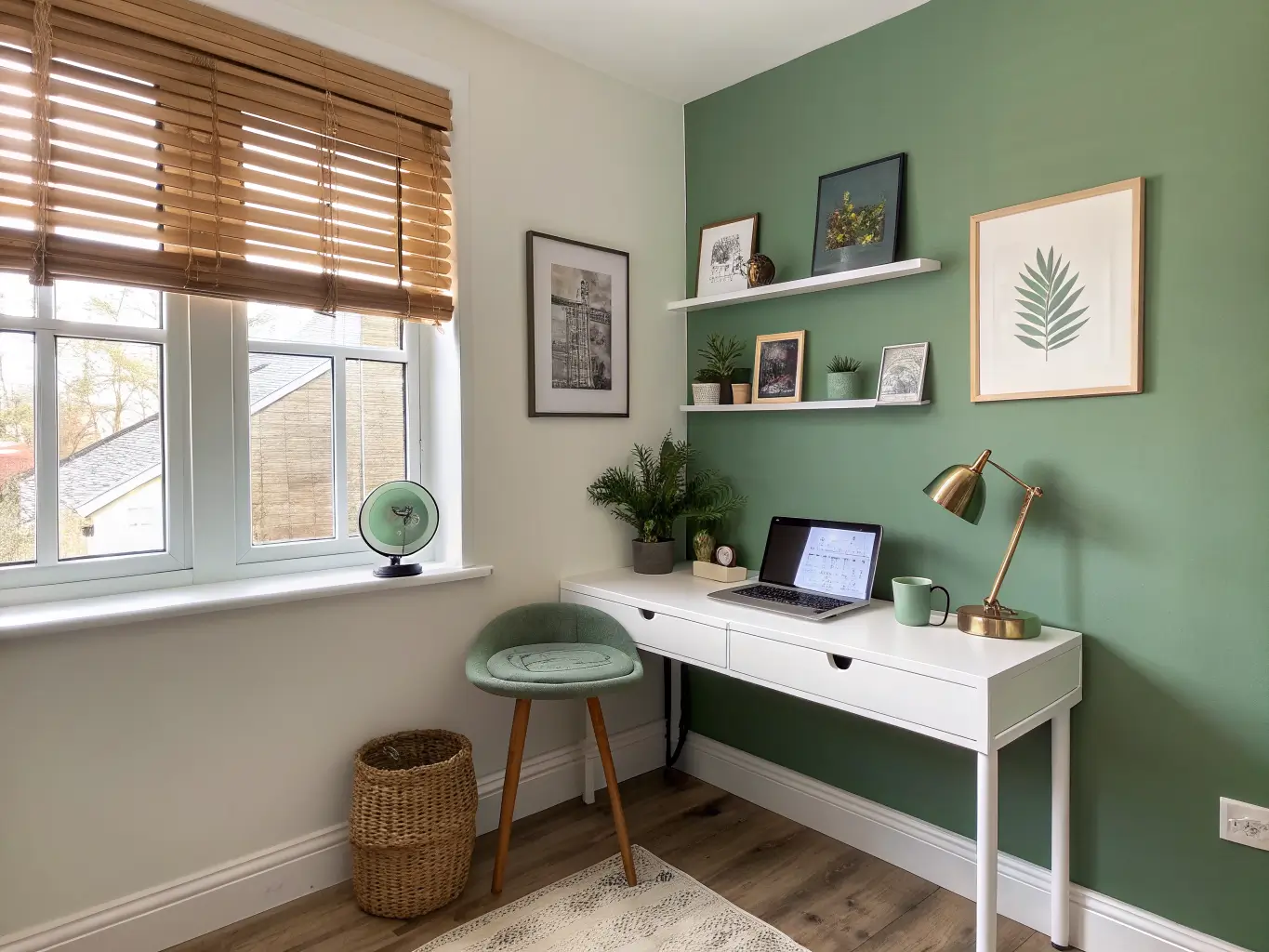 Minimalist home office corner with cedar green and white two-tone walls, floating white-ash desk with laptop stand, mug, and brass clock, striped light through woven blinds, and an abstract green canvas above.