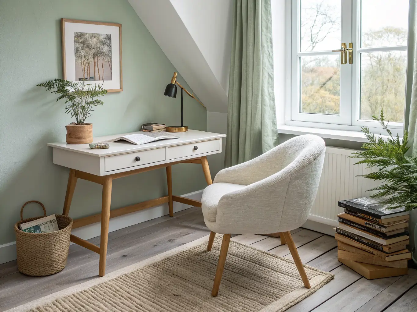 Scandinavian-inspired study nook with pale sage walls, white oak desk, cream boucle chair, brass lamp, terracotta planter, and soft daylight from a large window.