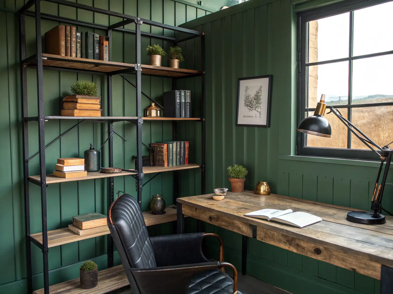 Industrial green study with black steel shelving, reclaimed wood desk, leather chair, Edison lamp, and late-afternoon window shadows.