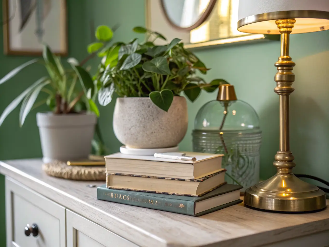 Close-up of a styled desk with pothos plant, linen-bound books, dried eucalyptus in a glass vase, and a softly glowing brass lamp against a blurred sage-green wall.