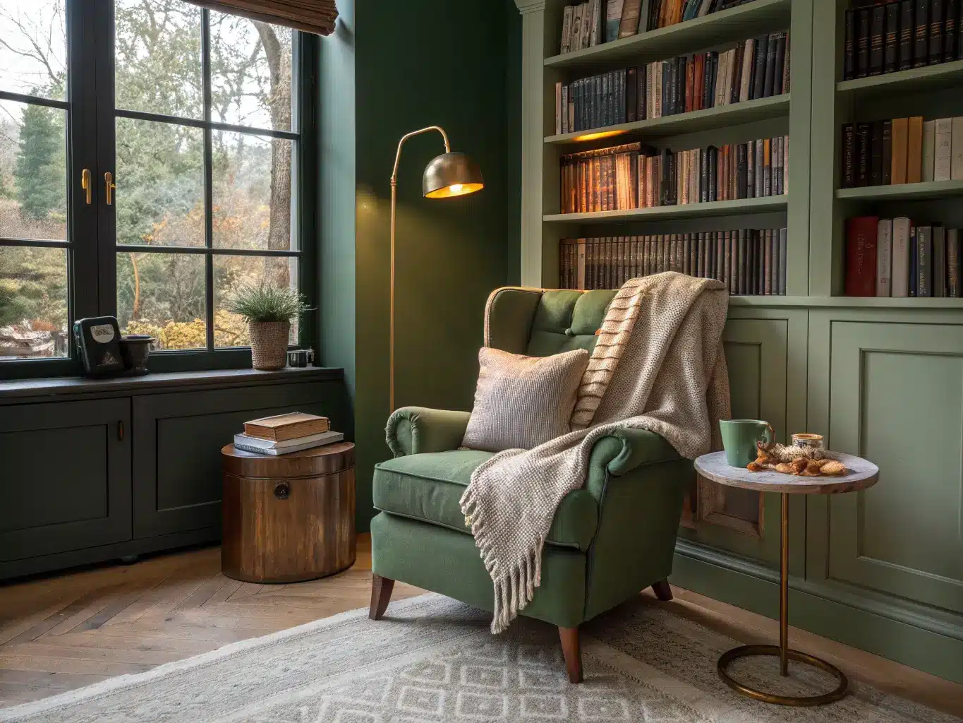 Cozy green study reading corner with bottle-green armchair, white oak built-in bookshelf, brass floor lamp, side table with mug and glasses, and warm dusk light.