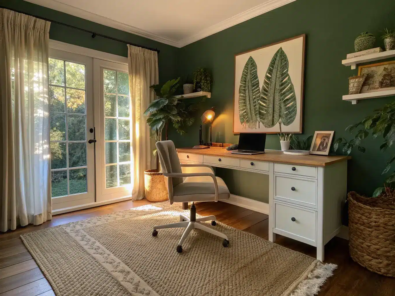 Wide-angle view from doorway of a green home office at golden hour with forest-green accent wall, light oak desk, jute rug, oatmeal linen chair, and botanical print in warm sunlight.