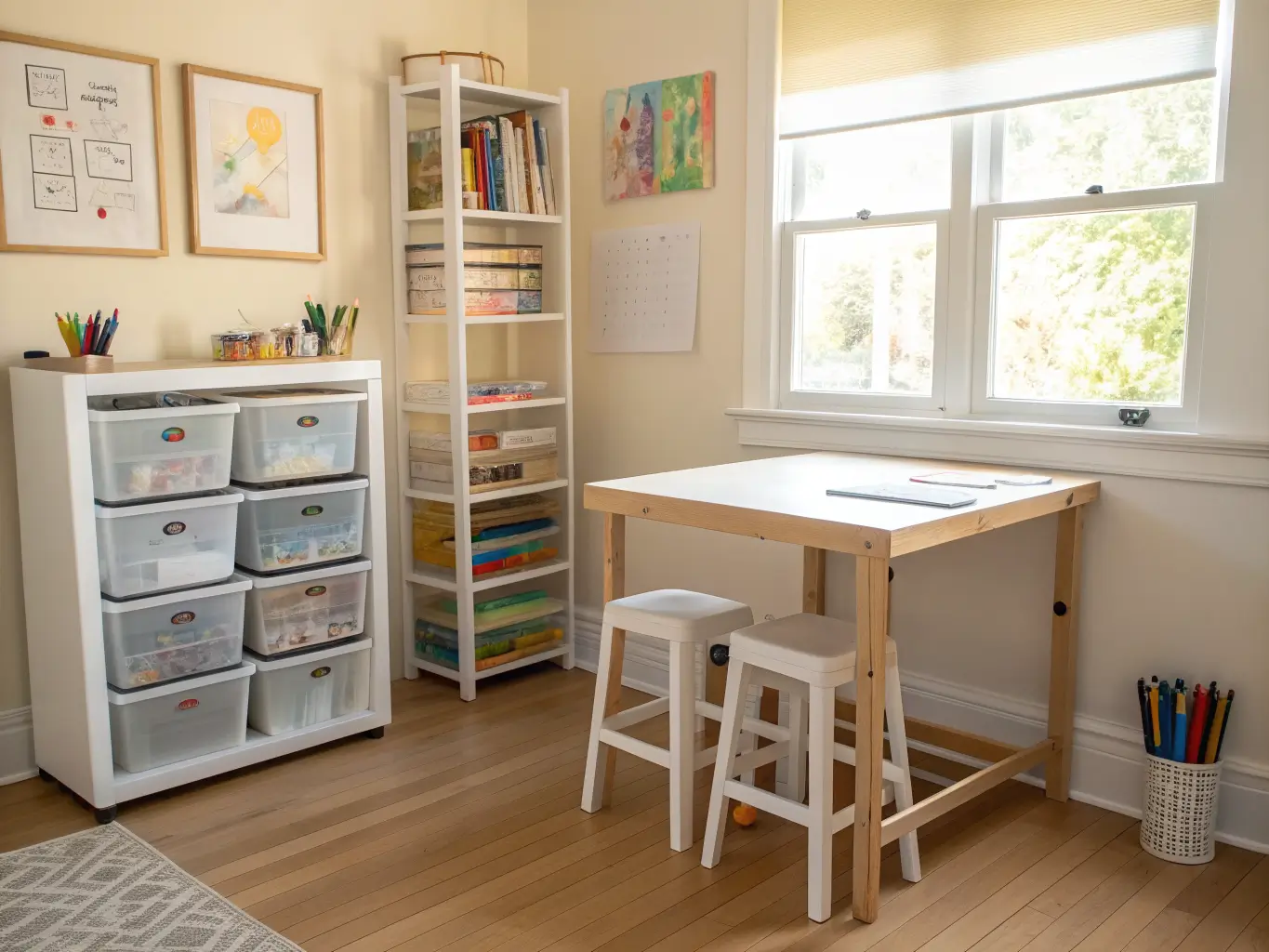 Bright playroom craft nook with kid-height birch table, two white stools, rolling art cart of labeled marker bins, open bookshelf of paper and artwork, and rainbow drawings on warm white walls in diffused sunlight.