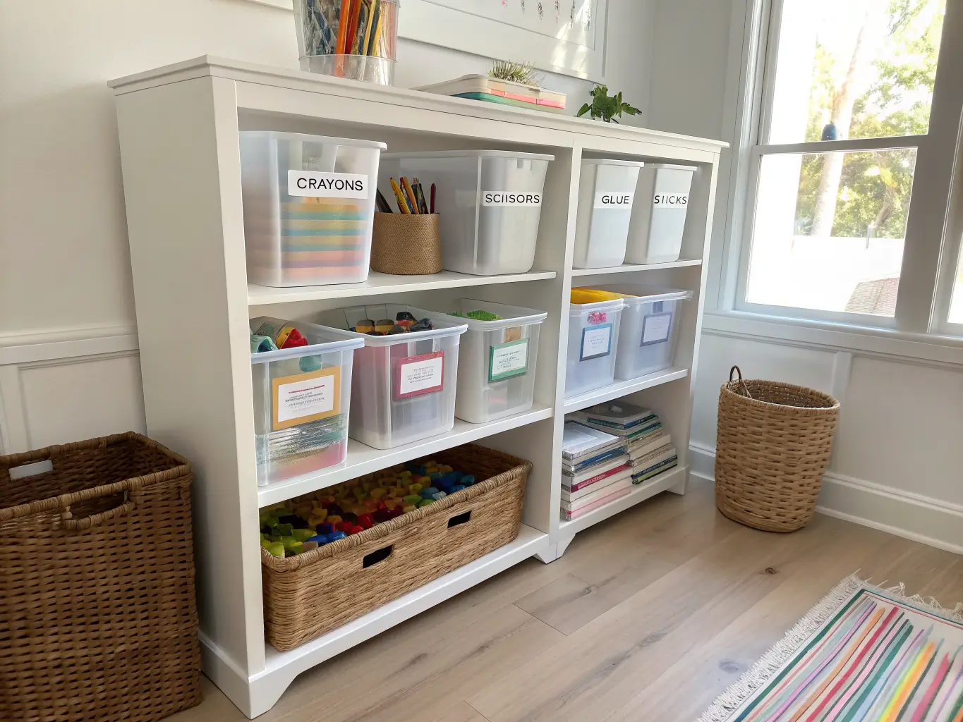 Open white three-tier craft bookshelf with labeled clear bins for crayons, scissors, and glue, a seagrass basket of scrap paper, and neatly stacked colored paper and kid drawings in soft daylight.