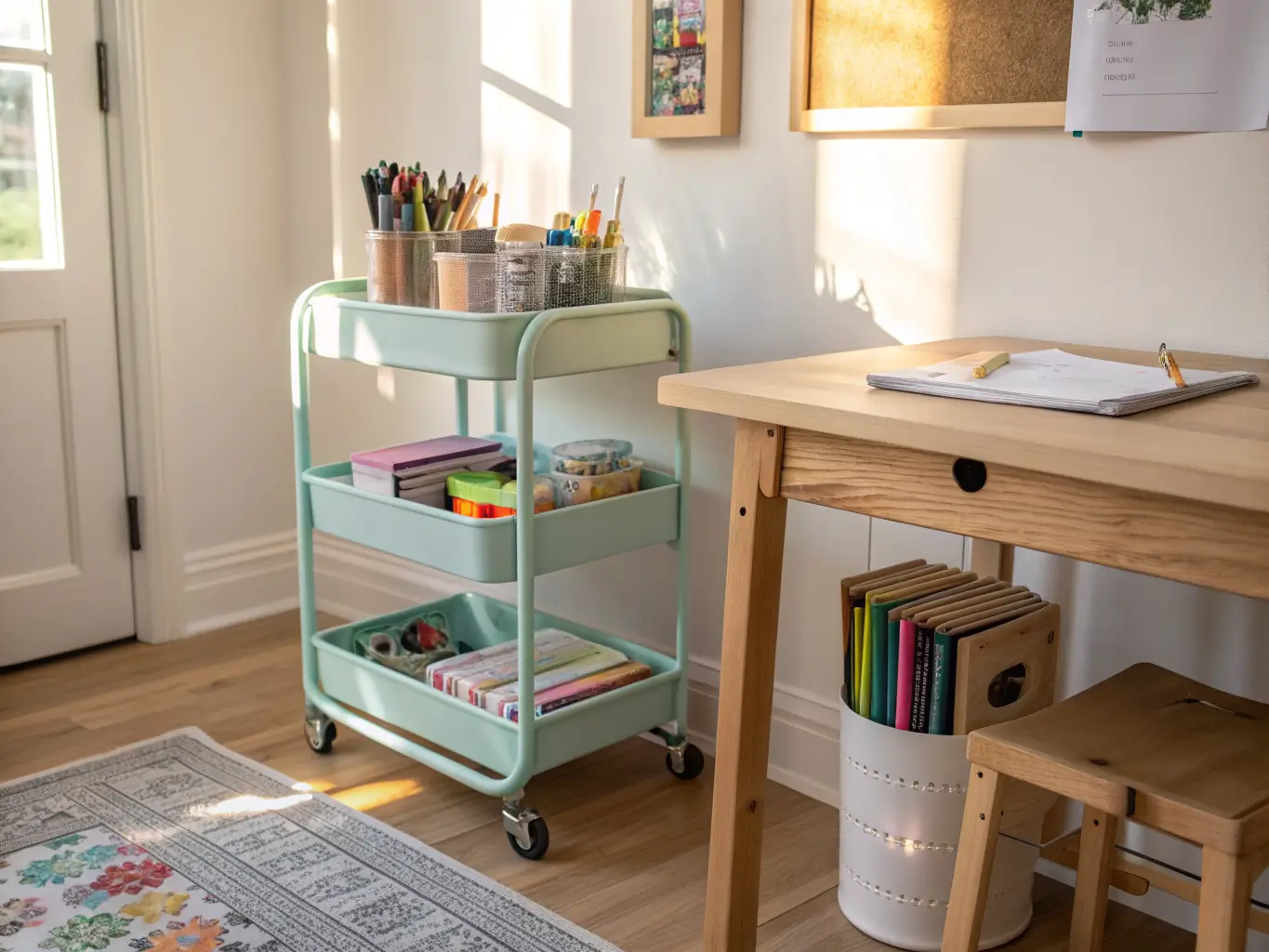 Sunlit playroom corner with a mint-and-white three-tier rolling art cart beside a kid-height birch table, stocked with glue sticks, scissors, markers, and crayons on honey oak flooring.