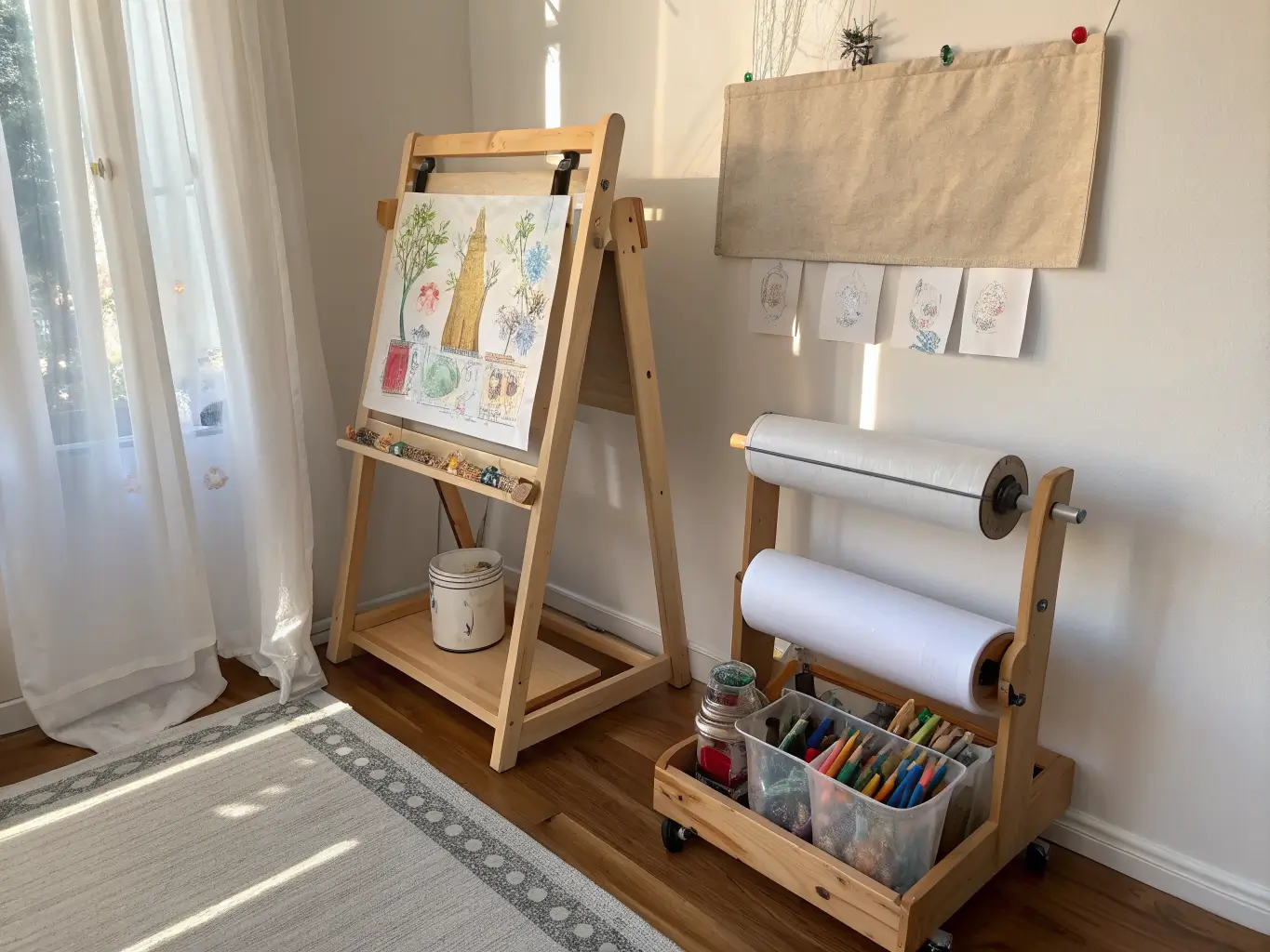 Low-angle view of a kids craft corner with a wall-mounted paper roll, wooden easel holding a half-finished watercolor, brushes in a mason jar, and a rolling cart of paint supplies in warm morning light.