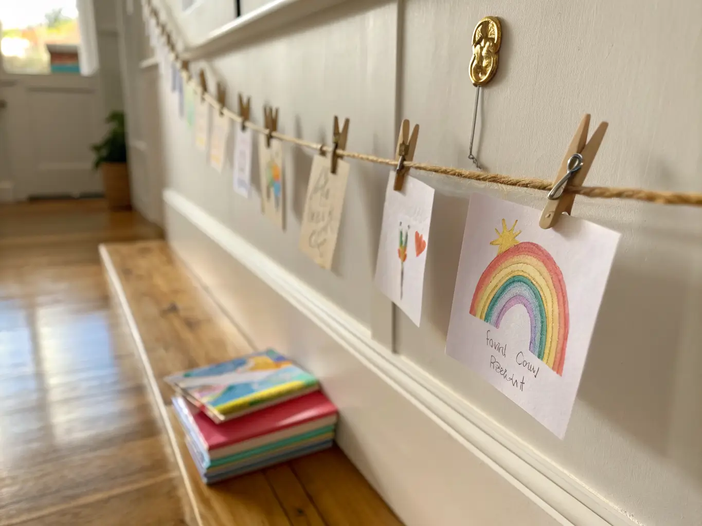 Twine line on a warm white wall with mini clothespins holding colorful kids’ artwork, brass hooks at both ends, soft afternoon shadows, and a light wood shelf with rainbow paper below.