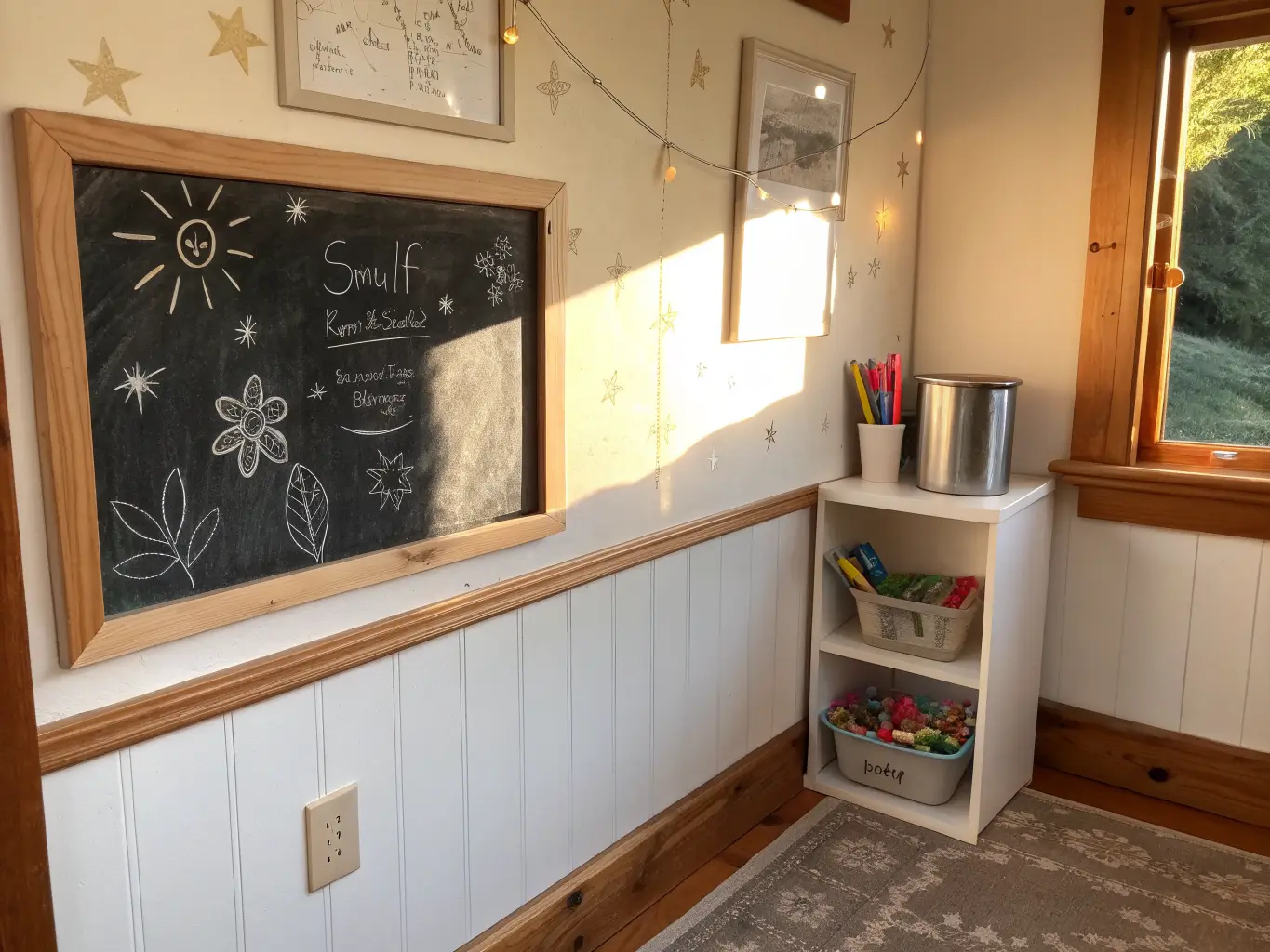 Small chalkboard-painted rectangle on a white playroom wall with faint doodles, a wooden ledge holding colorful chalk in a tin cup and an eraser, lit by warm late-afternoon sunlight.