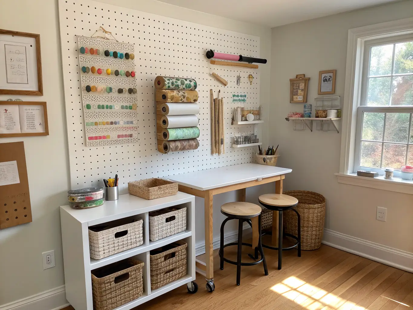 Wide shot of a small home office corner turned craft station with a white pegboard holding tape and supplies above a rolling cart beside a kid-height table in soft window light.