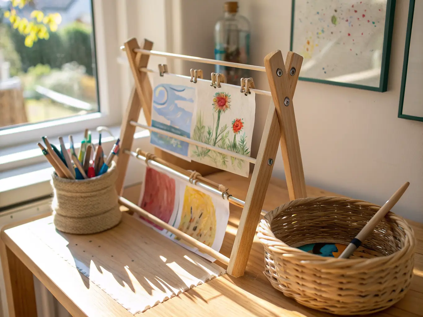 Close-up of a wooden drying rack by a sunlit window holding three freshly painted kids’ artworks with mini clothespins, with a seagrass basket of paper scraps below and blurred paintbrushes in the background.
