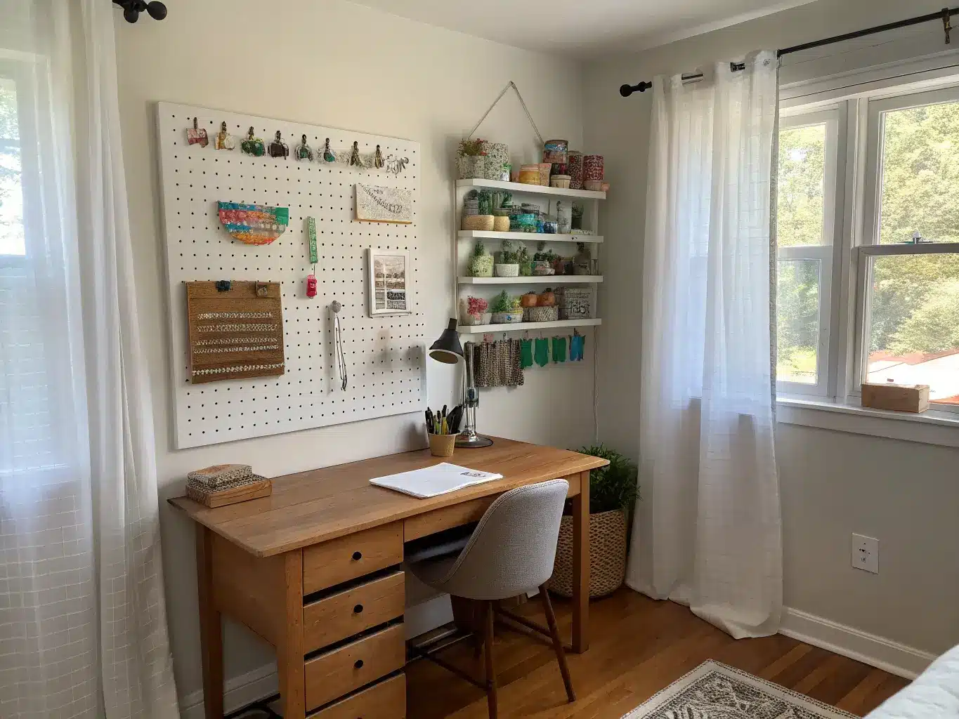 Wide-angle photo of a spare bedroom craft room with pegboard tools, mid-century desk, pale wood shelving, glass jars of buttons, and morning light through sheer curtains.