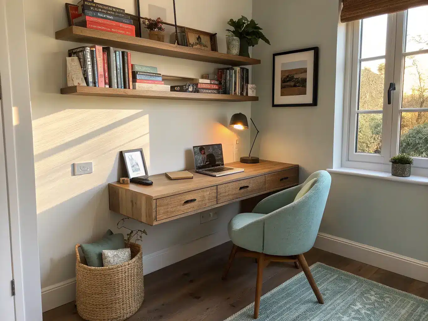 Photorealistic compact apartment study with wall-mounted oak desk, floating book shelves, pale blue linen chair, and warm golden light in a cozy minimal setting.