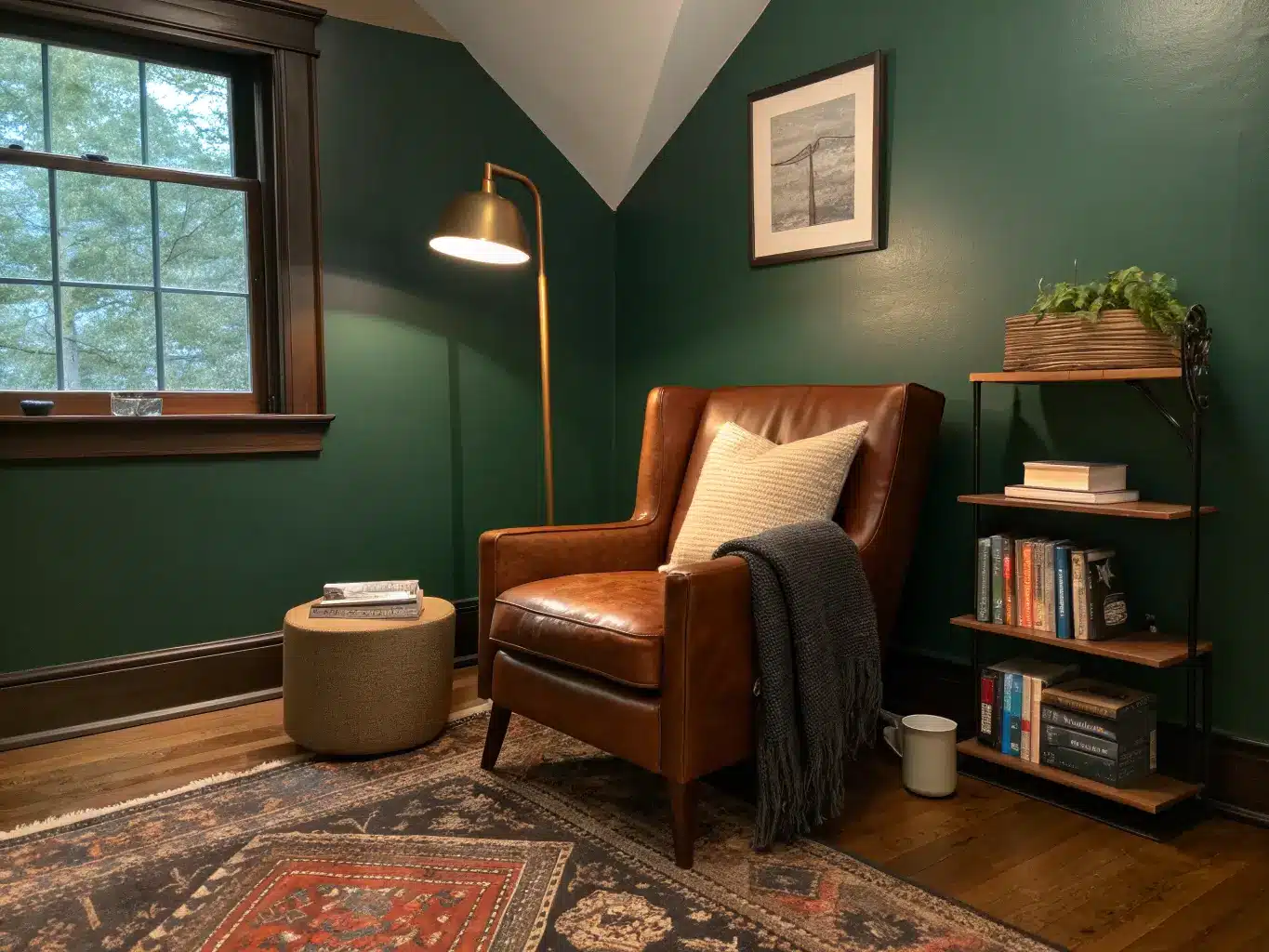 Cozy dusk reading nook with forest green walls, cognac leather wingback chair, brass floor lamp, rust wool rug, and walnut side table with books and a steaming mug.