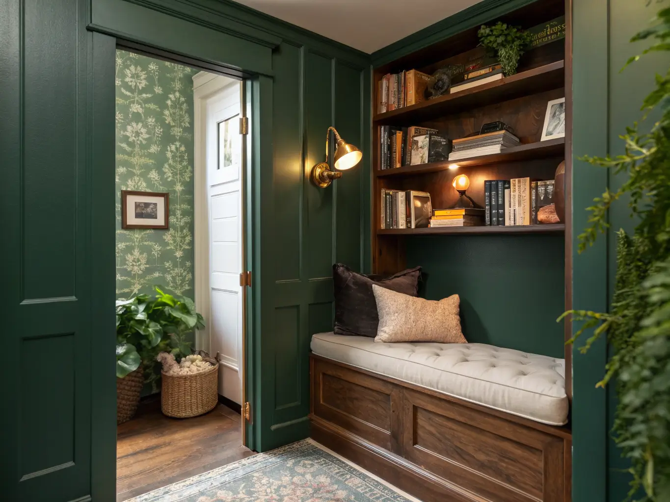 Converted coat closet reading nook with forest green walls, brass sconce, cream boucle bench, walnut shelves with books, brass sphere bookend, and trailing pothos.