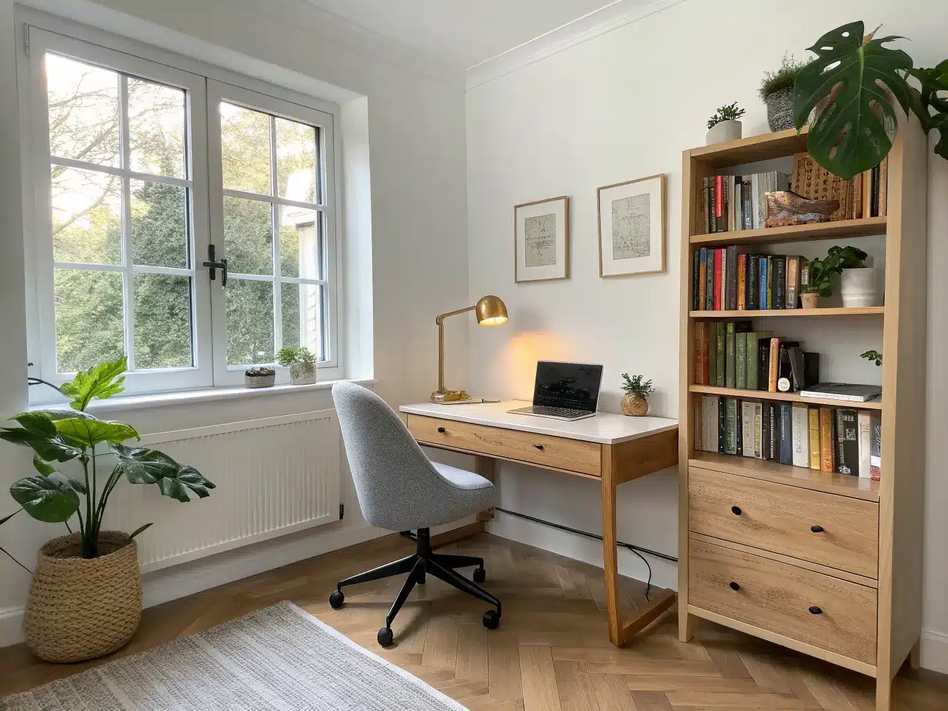 Photorealistic Scandinavian home office with oak desk, ergonomic gray chair, brass lamp glowing, sand-beige shelving, snake plant, and afternoon window light.