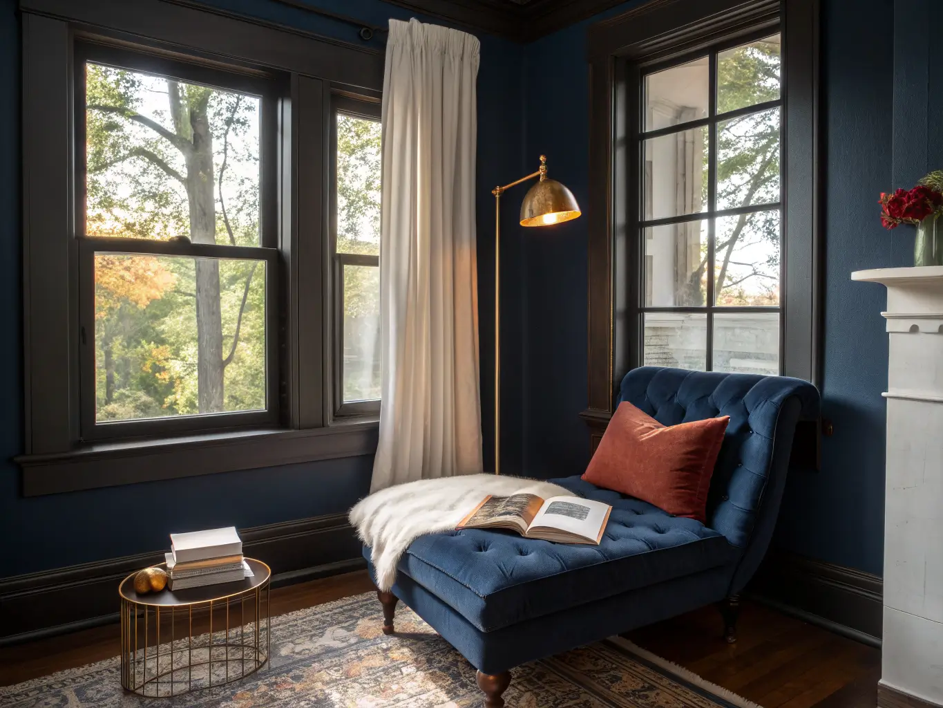 Photorealistic navy reading nook with velvet chaise under tall window, sheer curtain in golden-hour light, brass lamp, open vintage book, and dust motes.
