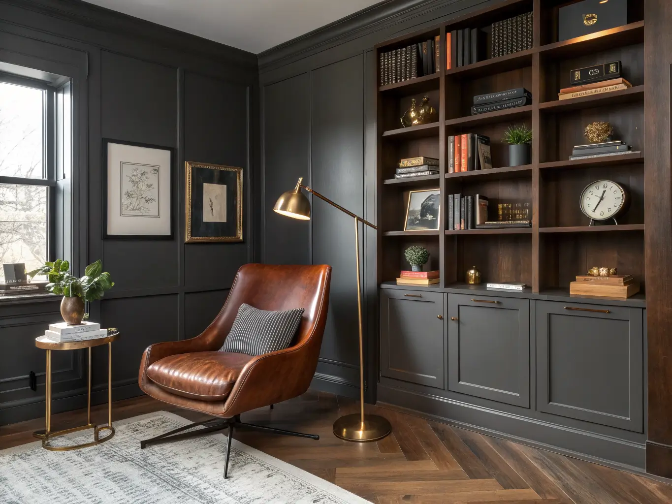 Moody home office nook with charcoal walls, walnut floor-to-ceiling shelves, a dark brown leather chair under a brass task lamp, and an olive wool rug on dark hardwood floor.
