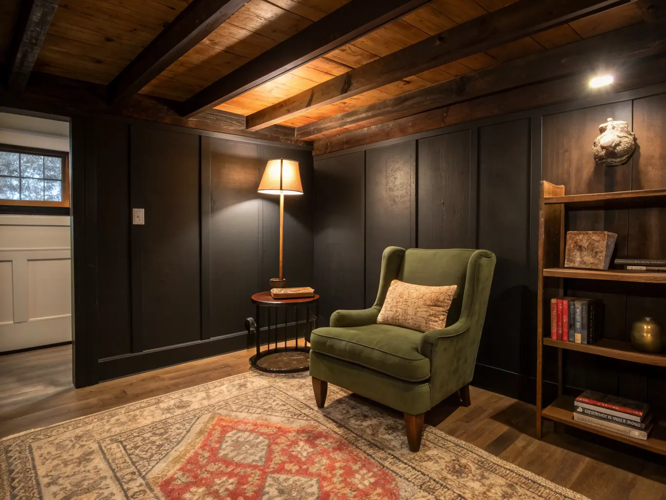 Moody basement reading nook with dark brown walls, exposed wood ceiling beams, green velvet armchair on a cream-and-rust rug beside a brass floor lamp and walnut side table with a flickering candle.