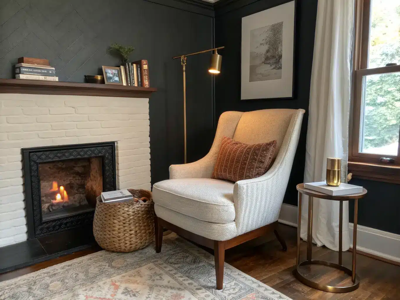Bedroom reading nook by a charcoal fireplace wall with a cream boucle wingback chair, walnut stool holding books and a brass candlestick, and a brass wall sconce casting warm evening light.
