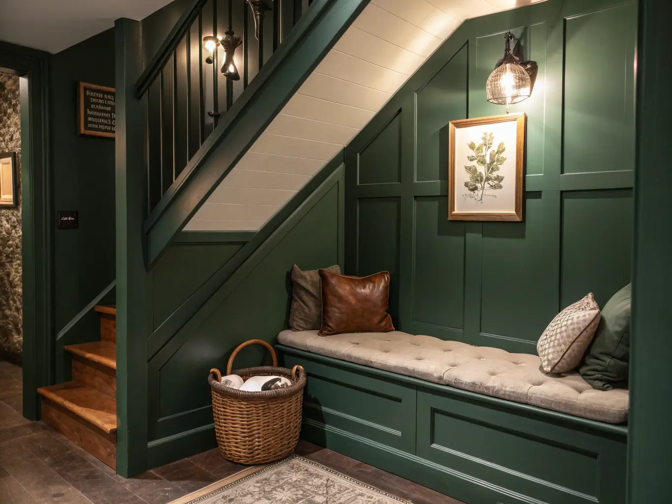 Under-stair hallway nook with deep forest green walls, tufted walnut leather bench, brass light over a framed botanical print, and a basket of rolled throws.