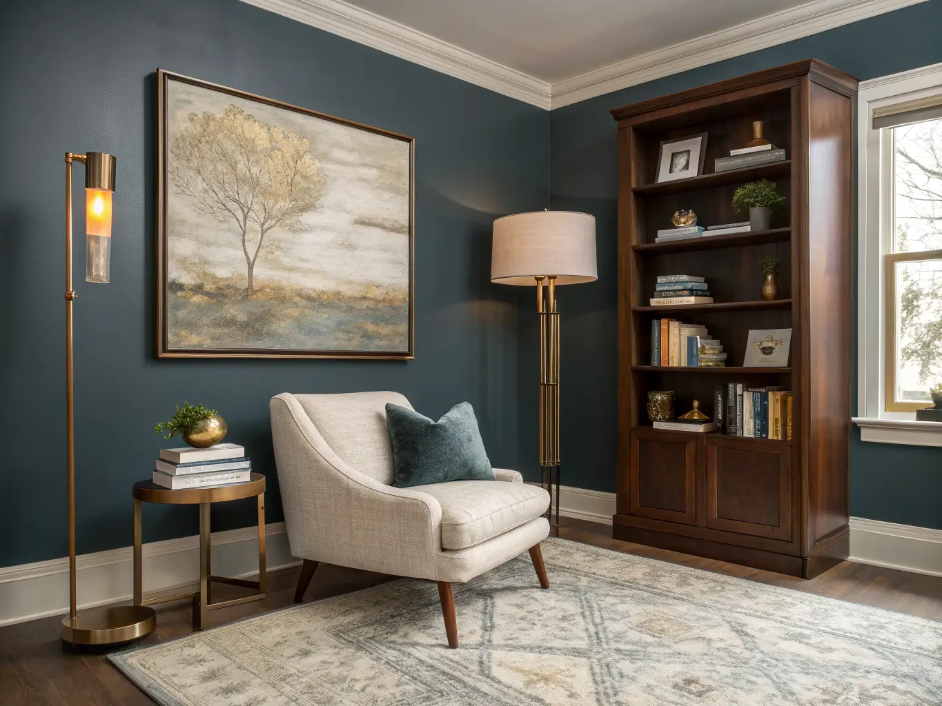 Cozy living room corner with blue-gray walls, oversized muted-gold abstract art, ivory bouclé chair with green throw, walnut bookshelf, brass floor lamp, and rust rug in warm evening light.