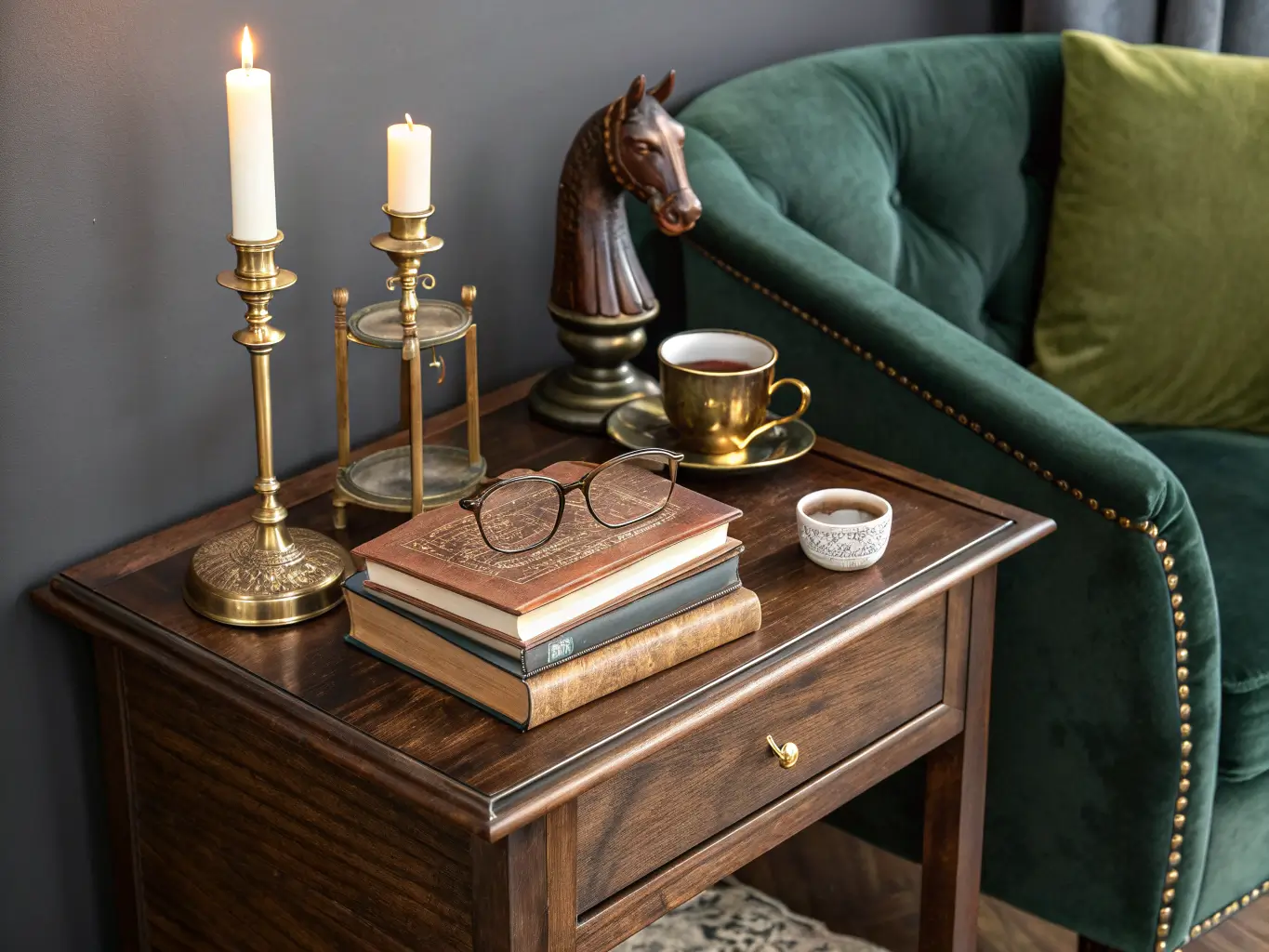 Close-up of a dark walnut reading nook side table lit by a brass taper candle, with leather-bound books and horse bookend, tortoiseshell glasses, and a steaming tea mug against a charcoal wall.